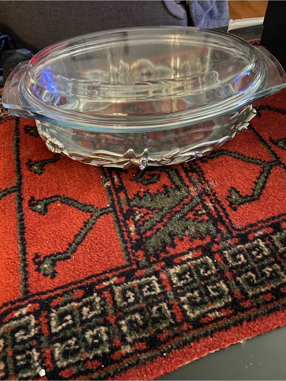 Beautiful Floral Motif Pewter Holder with Casserole Dish